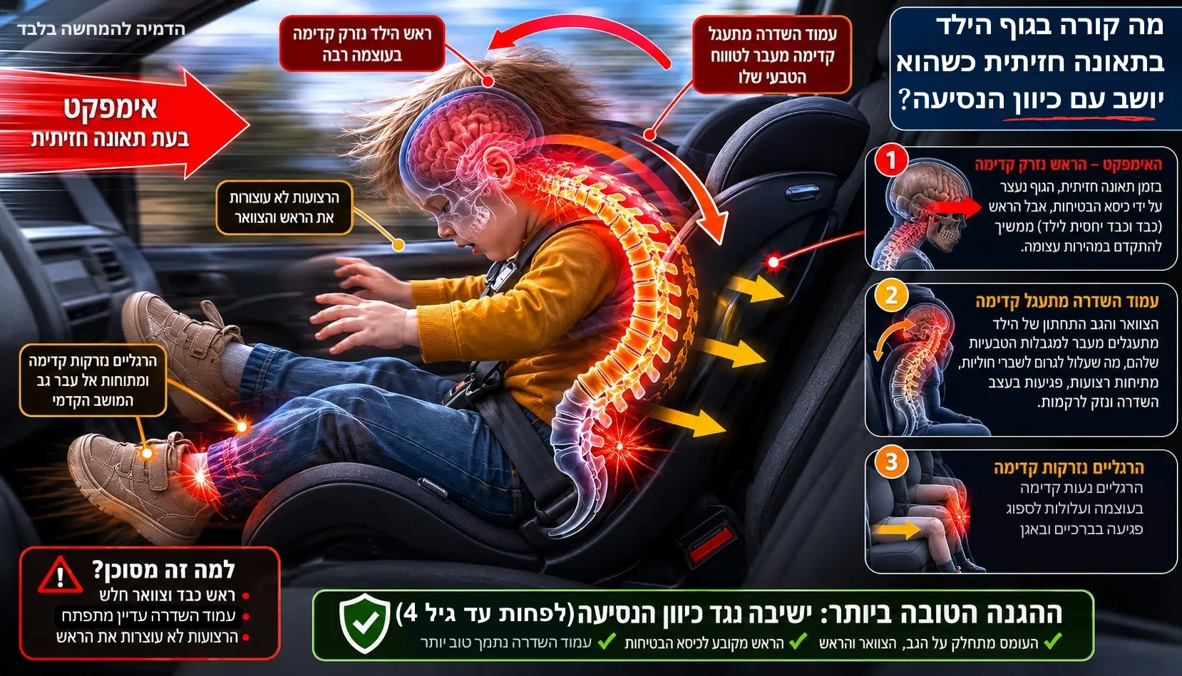 ילד יושב בכיסא בטיחות בזמן תאונה חזיתית